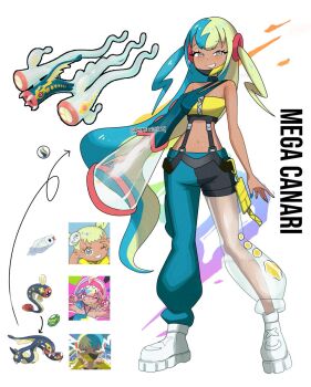 1girl alternate_costume alternate_hair_length alternate_hairstyle aqua_hair artist_name asymmetrical_legwear asymmetrical_sleeves baggy_pants black_mask blonde_hair breasts canari_(pokemon) center-flap_bangs cleavage commentary criss-cross_straps dark-skinned_female dark_skin eelektrik eelektross english_commentary gen_5_pokemon highres long_hair mask mask_pull mega_eelektross mega_pokemon mega_stone midriff mouth_mask multicolored_hair navel nintendo pants pokemon pokemon_legends:_z-a rhymewithray see-through_clothes see-through_pants see-through_sleeves shoes split-color_hair sports_bra stomach suspenders twintails two-tone_mask two-tone_pants tynamo very_long_hair white_shoes yellow_mask yellow_sports_bra