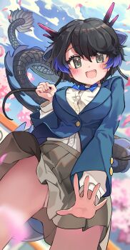 Rule 34 | 1girl, absurdres, aged down, alternate hair length, alternate hairstyle, animal ears, black dragon (kemono friends), black hair, blazer, blue bow, blue bowtie, blue hair, blush, bow, bowtie, breasts, button gap, commentary request, dragon ears, dragon girl, dragon horns, dragon tail, grey eyes, highres, horns, jacket, kemono friends, kemono friends 3, large breasts, looking at viewer, melaton, multicolored horns, panties, pantyshot, pink horns, pleated skirt, school uniform, short hair, skirt, smile, tail, underwear