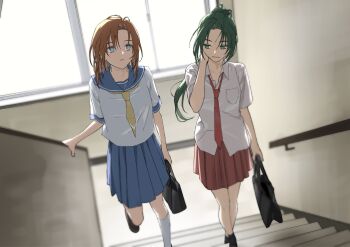 2girls 8wons8 bag blue_eyes blue_sailor_collar blue_skirt commentary commentary_request expressionless green_eyes green_hair hand_on_own_neck high_ponytail highres higurashi_no_naku_koro_ni holding holding_bag indoors korean_commentary long_hair long_sleeves loose_necktie multiple_girls neckerchief necktie orange_hair pleated_skirt ponytail red_necktie red_skirt ryuuguu_rena sailor_collar school school_uniform shirt short_hair short_sleeves skirt sonozaki_mion stairs walking white_shirt window yellow_neckerchief