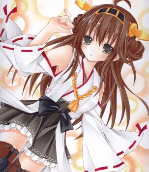 1girl ahoge bare_shoulders black_skirt black_thighhighs brown_hair commentary_request double_bun frilled_skirt frills fuuki_oto_(suzu_no_ne_monogatari) grey_eyes hair_bun hand_up headgear highres japanese_clothes kantai_collection kimono kongou_(kancolle) long_hair nontraditional_miko parted_lips ribbon-trimmed_skirt ribbon_trim skirt solo thighhighs white_kimono