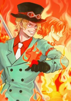 2boys black_gloves black_hat blonde_hair blue_coat brothers coat collared_shirt commentary fire freckles gloves goggles goggles_on_headwear hat insect_candy jewelry looking_to_the_side male_focus multiple_boys necklace necktie one_piece one_piece:_stampede pearl_necklace portgas_d._ace red_shirt sabo_(one_piece) scar scar_on_face shirt short_hair siblings smile symbol-only_commentary upper_body white_necktie