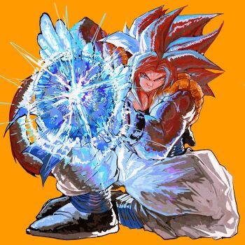 Rule 34 | 1boy, absurdres, biceps, black boots, blue eyes, blue sash, body fur, boots, brown fur, closed mouth, commentary, dragon ball, dragon ball gt, energy ball, full body, gogeta, highres, incoming attack, kamehameha (dragon ball), long hair, looking at viewer, male focus, metamoran vest, no shirt, orange background, pants, red hair, sash, smile, solo, spiked hair, super saiyan, super saiyan 4, tail, untranslatable commentary, white pants, yuki flourish