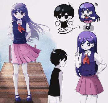 1boy 1girl antenna_hair black_eyes black_hair black_shoes black_tank_top blush bright_pupils brother_and_sister chibi collared_shirt colored_skin dock double-parted_bangs flying_sweatdrops hand_on_own_hip highres index_finger_raised long_hair looking_at_another mari_(headspace)_(omori) mari_(omori) omori omori_(omori) open_mouth pleated_skirt purple_eyes purple_hair purple_shoes purple_sweater_vest red_skirt shirt shoes short_sleeves shorts siblings skirt smile sweatdrop sweater_vest tank_top true_erg white_pupils white_shirt white_shorts white_skin