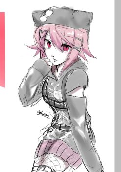 1girl animal_ears arm_cutout casual chaos;child clothing_cutout clothing_request commentary_request efunohitof4 fake_animal_ears fishnets hair_ornament hand_to_own_mouth hat heart heart_hair_ornament hood hoodie long_sleeves looking_at_viewer miniskirt official_alternate_costume onoe_serika parted_lips pink_eyes pink_hair science_adventure short_hair simple_background skirt sleeves_past_wrists solo thighhighs white_background