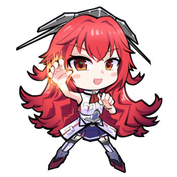 1girl black_garter_straps blue_overskirt blue_skirt breast_pocket chibi fighting_stance full_body garter_straps headgear highres kantai_collection long_hair looking_at_viewer messy_hair military_uniform neckerchief noba_(ne83ko61) overskirt phoenix_(kancolle) pleated_skirt pocket red_eyes red_hair red_neckerchief simple_background skirt sleeveless sleeveless_jacket solo white_background white_overskirt