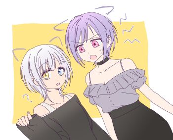 2girls bang_dream! bang_dream!_it&#039;s_mygo!!!!! black_shirt black_skirt blue_eyes border breasts cleavage commentary drawn_ears frilled_shirt frills grey_shirt heterochromia highres kaname_raana multiple_girls off-shoulder_shirt off_shoulder open_mouth outside_border pink_eyes purple_hair raana_the_cat s0y0ring shirt short_hair skirt sweatdrop symbol-only_commentary trait_connection upper_body white_border white_hair yellow_background yellow_eyes yuutenji_nyamu