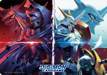 arm_cannon armor belt belt_collar broken_horn cape collar commentary_request company_name copyright_name digimon digimon_(creature) digimon_card_game falling_feathers feathers from_side glowing green_eyes hood hood_up horns lightning_bolt_symbol logo looking_at_viewer looking_to_the_side multiple_belts no_humans official_art omegamon omegamon_zwart_defeat red_eyes sasasi shoulder_spikes single_horn spikes split_screen torn_cape torn_clothes weapon white_feathers zoom_layer