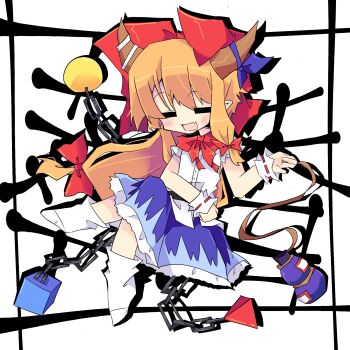 Rule 34 | belt, black belt, blue skirt, brown horns, closed eyes, commentary request, crossed legs, fang, gourd, highres, horns, ibuki suika, long hair, orange eyes, orange hair, pointy ears, red ribbon, ribbon, saliva, shirt, skin fang, skirt, socks, suikabe (user113791398), touhou, white background, white shirt, white socks