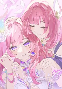 2girls breasts closed_eyes coat commentary cyrene_(aedes_elysiae)_(honkai:_star_rail) cyrene_(honkai:_star_rail) cyrene_(ripples_of_past_reverie)_(honkai:_star_rail) diamond-shaped_pupils diamond_(shape) dress dual_persona earrings flower hair_flower hair_ornament hand_in_another&#039;s_hair highres honkai:_star_rail honkai_(series) jewelry large_breasts long_hair multiple_girls neck parted_lips pink_hair purple_coat purple_eyes smile symbol-shaped_pupils very_long_hair white_dress yatsuna2828