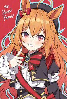 1girl ahoge animal_ears armband beret black_gem black_jacket blush bow breasts ear_bow frilled_armband frilled_shirt frills gem grin hair_between_eyes hair_ornament hat horse_ears horse_girl jacket jewelry long_hair long_sleeves looking_at_viewer mauve open_mouth orange_hair red_bow red_sash ribbon ring royal_family_(the_royal_family) sash shirt smile teeth the_royal_family_(tv_series) white_shirt