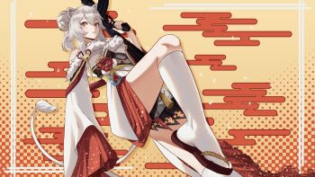 1girl absurdres animal_ears bare_shoulders black_sash blush breasts brown_eyes commentary double_bun english_commentary finger_on_trigger flower foot_out_of_frame from_below fur-trimmed_kimono fur_trim grey_hair gun hair_between_eyes hair_bun hair_ornament highres holding holding_gun holding_weapon hololive japanese_clothes kanzashi kimono knee_up kobi420 light_particles lion_ears lion_girl lion_tail long_hair looking_at_viewer medium_breasts parted_lips polka_dot polka_dot_background red_flower sandals sash shishiro_botan shishiro_botan_(new_year) sidelocks smile socks solo tail tassel virtual_youtuber weapon white_kimono white_socks wide_sleeves yellow_background zouri