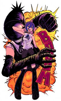 1girl absurdres alternate_form apron black_apron black_choker black_ribbon black_shoes black_thighhighs bomb bomb_devil_(chainsaw_man) chainsaw_man choker dynamite english_text explosion explosion_background explosive full_body green_eyes grenade_pin hair_bun highres imminent_explosion incoming_attack incoming_punch loafers neck_ribbon object_head punching reze_(chainsaw_man) ribbon shirt shirt_tucked_in shoes single_hair_bun sleeveless sleeveless_shirt smile standing teeth thighhighs vakodraws white_background