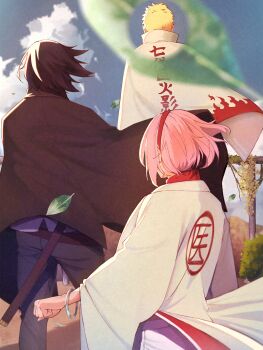 1girl 2boys absurdres black_hair black_jacket black_pantyhose blonde_hair boruto:_naruto_next_generations boruto_(series) facing_away falling_leaves from_behind hairband hanarteoficial haruno_sakura highres jacket leaf multiple_boys naruto_(series) outdoors pants pantyhose pink_hair red_hairband short_hair team_7_(naruto) uchiha_sasuke uzumaki_naruto white_jacket white_pants