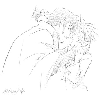 2boys braid cloak closed_eyes commentary_request dasshu_(dashi_now) facial_hair graphite_(medium) greyscale hair_between_eyes hands_on_another&#039;s_shoulders ishuzoku_reviewers long_sleeves male_focus monochrome multiple_boys mustache_stubble pointy_ears shirt simple_background smile sparse_stubble stubble stunk traditional_media upper_body white_background yaoi zel_(ishuzoku_reviewers)