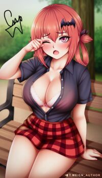 1girl bat_symbol black_jacket blush breasts breasts_out cn_author gabriel_dropout green_background jacket open_mouth red_eyes red_hair red_shirt satanichia_kurumizawa_mcdowell shirt sitting skirt solo tagme tree