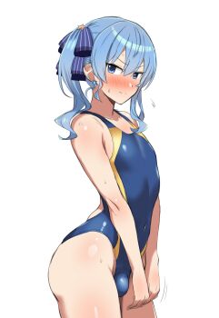 1boy absurdres bare_arms blue_eyes blue_hair blue_one-piece_swimsuit blush bulge closed_mouth covered_navel crossdressing crossdressing_(mtf) earrings from_side genderswap genderswap_(ftm) highres hololive hoshimachi_suisei jewelry looking_at_viewer looking_to_the_side male_focus miyabikawa_sakura one-piece_swimsuit simple_background solo star_(symbol) star_earrings swimsuit trap two-tone_one-piece_swimsuit white_background yellow_one-piece_swimsuit