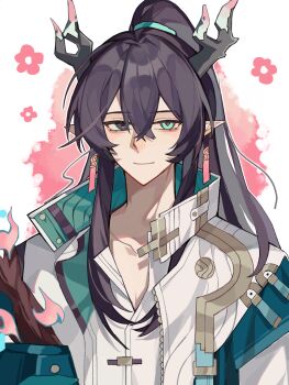 1boy arknights black_eyes black_hair blue_eyes chinese_commentary closed_mouth commentary_request cosplay dragon_horns earrings flower hair_between_eyes heterochromia high_collar high_ponytail highres hong_lu_(project_moon) horns jacket jewelry limbus_company long_hair looking_at_viewer male_focus ofuda_earrings pink_flower pointy_ears ponytail project_moon shirt smile solo upper_body white_background white_jacket white_shirt xiaochimeishuixing yi_(arknights) yi_(arknights)_(cosplay)