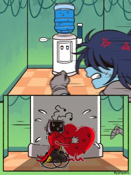 1boy 1other absurdres anger_vein ant_tenna belt belt_buckle black_belt black_pants blue_hair blue_skin buckle clenched_teeth colored_skin commentary crt deltarune electric_plug electric_plug_tail english_commentary english_text flying_sweatdrops gloves grey_gloves highres hug kneeling kris_(dark_world)_(deltarune) kris_(deltarune) necktie object_head pants partially_shaded_face pipispaints radio_antenna shoes short_hair soul_(deltarune) sweat tail tailcoat teeth trembling utdr_(toby_fox) water_cooler water_cooler_(deltarune) yellow_necktie yellow_shoes