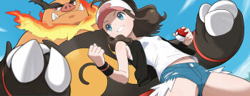 1girl baseball_cap black_vest blue_eyes blue_shorts brown_hair clenched_hand cloud commentary_request day emboar exposed_pocket eyelashes from_below gen_5_pokemon grin hat highres hilda_(pokemon) holding holding_poke_ball long_hair moai_t navel nintendo open_clothes open_vest outdoors poke_ball poke_ball_(basic) pokemon pokemon_(creature) pokemon_black_and_white shirt short_shorts shorts sidelocks sky sleeveless sleeveless_shirt smile teeth vest white_hat white_shirt wristband