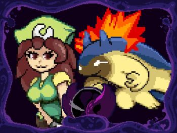 1boy 1girl :3 animated bestiality breasts brown_eyes brown_hair cum dress ejaculation english_text fellatio gen_2_pokemon gloves green_dress green_hat hand_on_another's_head hat hetero moaning nintendo nipples oral outdoors pixel_art pokemon pokemon_breeder_(pokemon) pokemon_bw pokemon_xy pokephilia sex sex_from_behind sound sprite_art tagme teasing typhlosion video white_gloves