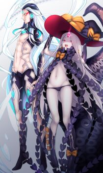 1boy 1girl 7dango7 abigail_williams_(fate) abigail_williams_(third_ascension)_(fate) abs bare_shoulders black_bow black_hair black_hands black_hat black_panties black_pants black_shrug blush bow breasts clothing_cutout colored_extremities colored_skin eyeliner fate/grand_order fate_(series) forehead forehead_jewel full_body glowing glowing_eye hair_bow hat keyhole long_hair looking_at_viewer makeup navel open_mouth orange_bow orange_eyes panties pants parted_bangs red_eyes shi_huang_di_(fate) shrug_(clothing) small_breasts smile tentacles third_eye underwear very_long_hair white_hair white_skin witch_hat