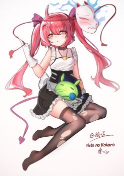 Rule 34 | 1girl, 2091966, absurdres, ahoge, alternate costume, alternate hairstyle, apron, black skirt, blush, brown choker, brown thighhighs, chinese commentary, choker, collarbone, commentary request, demon tail, fox mask, frilled skirt, frills, hata no kokoro, highres, komeiji koishi, long hair, looking at viewer, mask, monsterification, open mouth, pink eyes, pink hair, sitting, skirt, slime (creature), solo, tail, thighhighs, torn clothes, torn thighhighs, touhou, twintails, very long hair, white apron