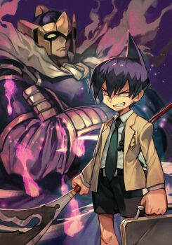 2boys armor bason belt belt_buckle black_hair black_shorts briefcase buckle cape closed_mouth crossed_arms fire green_neckwear headgear helmet holding holding_briefcase holding_weapon hungry_clicker jacket long_sleeves looking_at_viewer male_focus multiple_boys necktie pauldrons purple_fire shaman_king shirt shorts shoulder_armor smile spirit tao_ren v-shaped_eyebrows weapon white_shirt yellow_eyes yellow_jacket