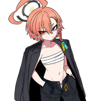 1girl :/ absurdres ahoge alternate_costume asymmetrical_bangs belt black_jacket blue_archive braid chest_sarashi collarbone commentary delinquent flat_chest gakuran groin halo hands_in_pockets highres hmzeus huge_ahoge jacket jacket_on_shoulders looking_at_viewer mole mole_under_each_eye mole_under_eye multiple_moles navel neru_(blue_archive) no_shirt open_pants orange_hair panties pants red_eyes sarashi school_uniform short_hair simple_background single_braid solo stomach tsurime underwear white_background white_panties