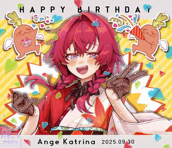 Rule 34 | 0no00on, 1girl, :3, :d, ange katrina, ange katrina (new year), ben-day dots, black gloves, black hair, blue eyes, blush, braid, character name, commentary, commentary request, confetti, dated, english commentary, english text, floral print, floral print gloves, floral print kimono, gloves, hair between eyes, hair intakes, hair over shoulder, hands up, happy birthday, heart, highres, holding, holding party popper, japanese clothes, kimono, lace, lace gloves, long hair, looking at viewer, low twin braids, mandragora, mandragora (ange katrina), mixed-language commentary, multicolored eyes, multicolored hair, nijisanji, open mouth, party popper, print kimono, purple eyes, red hair, red kimono, screentones, see-through clothes, see-through gloves, smile, streaked hair, striped background, teeth, throwing, throwing confetti, twin braids, two-tone eyes, two-tone hair, two-tone kimono, upper body, upper teeth only, v, virtual youtuber, watermark, white kimono, yellow background