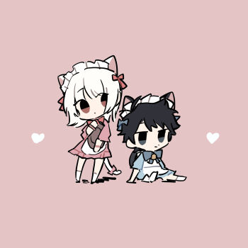 2boys akinashi_haru animal_ears april_fools_2025_cat_ear_maid_outfit_(saihate_eki) blue_dress bow cat_boy cat_ears cat_tail chibi chinese_commentary closed_mouth commentary_request crossdressing crossdressing_(mtf) dot_mouth dress heart highres holding holding_plate maid male_focus male_maid multiple_boys pink_background pink_dress plate qing_qing_zhi_zi_chu saihate_eki short_dress sitting standing tail tail_bow tail_ornament tatsunami_shion