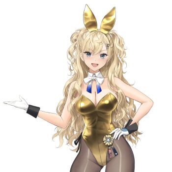 1girl animal_ears black_pantyhose blonde_hair blue_eyes breasts cleavage commentary detached_collar fake_animal_ears gloves gold_leotard hair_between_eyes hair_ornament hand_on_own_hip highres kantai_collection large_breasts leotard long_hair looking_at_viewer minneapolis_(kancolle) odachu open_mouth pantyhose playboy_bunny rabbit_ears simple_background solo strapless strapless_leotard two_side_up wavy_mouth white_background white_gloves