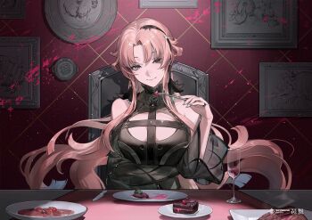 1girl alcohol arm_under_breasts bema_(sinsekai) bokyo breast_strap breasts brown_hair cake cake_slice champagne_flute character_name chocolate_cake closed_mouth commentary_request copyright_name cup drinking_glass earrings food fork grey_hair grey_nails hair_ornament heterochromia holding holding_fork indoors jewelry kamitsubaki_studio knife long_hair meat medium_breasts nail_polish official_art parted_bangs picture_frame pink_hair pov_across_table red_wine ring second-party_source sinsekai_record solo table upper_body very_long_hair virtual_youtuber wine