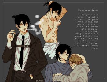 2boys black_hair black_necktie chainsaw_man cigarette collared_shirt denji_(chainsaw_man) floatyart freckles hayakawa_aki highres holding holding_cigarette hug male_focus multiple_boys naked_towel necktie shirt short_hair smoke smoking towel wet wet_hair white_shirt
