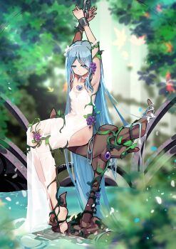 1girl absurdly_long_hair absurdres armpits arms_up azur_lane barefoot blue_eyes blue_hair breasts bright_pupils brooch chain chained chained_wrists champagne_(adulation_eternal)_(azur_lane) champagne_(azur_lane) chinese_commentary commentary_request covered_navel dhy-232 dress feet food forehead fruit grape_vine grapes hairband heart heart_brooch highres jewelry long_dress long_hair looking_at_viewer necklace no_bra no_panties official_alternate_costume parted_bangs pearl_necklace revision see-through_clothes see-through_dress sitting small_breasts solo splashing toes very_long_hair water waves wedding_dress wet white_dress white_hairband white_pupils