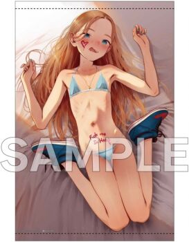 1girl bed bikini blonde_hair blue_eyes blush forehead haguhagu_(rinjuu_circus) long_hair lying nail_polish navel non-web_source on_back on_bed original sample_watermark sasha_(haguhagu) shoes skinny sneakers swimsuit tongue tongue_out watermark