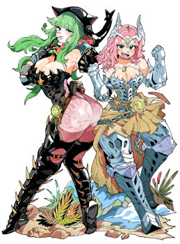 Rule 34 | 2girls, armor, ass, bare shoulders, blue eyes, blush, boots, breasts, buckle, chain, floral print, full body, gauntlets, green eyes, green hair, hood, huge ass, huge breasts, kafun, large breasts, leaf, lips, looking back, medium breasts, multiple girls, open mouth, original, pantyhose, pink hair, rock, sand, smile, soles, white background