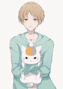 Rule 34 | <|> <|>, 1boy, absurdres, ame (harusame), animal, blonde hair, cat, character doll, closed mouth, coat, commentary request, cowboy shot, crew neck, doll, facial mark, green coat, highres, holding, holding animal, holding cat, hood, hood down, hooded coat, light smile, long sleeves, looking at viewer, male focus, multicolored cat, natsume takashi, natsume yuujinchou, nyanko-sensei, pawpads, shirt, short hair, simple background, white background, white shirt, yellow eyes