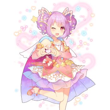 1girl ankle_ring aqua_cape bare_shoulders cape detached_sleeves dress flat_chest gradient_clothes gradient_dress hair_ribbon heart heart_hands high_heel_sandals mayachi_(amuriya) melo_(uchihime) multicolored_ribbon one_eye_closed open_mouth orange_sandals pink_dress pink_ribbon purple_hair red_eyes ribbon sandals short_hair twintails uchi_no_hime-sama_ga_ichiban_kawaii white_ribbon