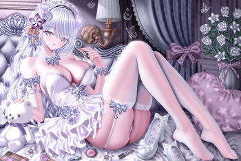 1girl absurdres animal_ears arm_bow arm_strap blush bow bowtie breasts bug butterfly cat_ears collar commentary compact_(cosmetics) cosmetics crescent curtains detached_collar dress feet flower frilled_dress frilled_headwear frills garter_straps gem hair_flower hair_jewelry hair_ornament heart heart-shaped_pillow high_heels highres holding holding_lipstick_tube insect knees_up lace lace-trimmed_dress lace-trimmed_thighhighs lace_trim lamp large_breasts leaning_back legs lipstick_tube long_hair looking_at_viewer maid_headdress makeup_palette o-ring o-ring_arm_strap on_bed open_mouth original panties pillow pink_bow pink_ribbon purple_bow purple_bowtie purple_flower purple_scarf reclining red_flower ribbon scarf skindentation solo strapless strapless_dress stuffed_animal stuffed_toy symbol-only_commentary teddy_bear thighhighs thighs tina_(tinafya) toes underwear white_collar white_dress white_flower white_hair white_lily white_panties white_thighhighs wrist_bow