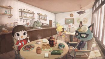 Rule 34 | 1girl, 3boys, amano sizuku, animal crossing, animal crossing: new horizons, artist name, bird, book, brewster (animal crossing), brown hair, cat, clock, cup, dog, dom (animal crossing), easel, food, fork, glasses, heterochromia, indoors, isabelle (animal crossing), knife, lamp, muffin, mug, multiple boys, nintendo, pancake, raymond (animal crossing), red shirt, restaurant, scenery, sheep, shelf, shirt, sitting, steam, villager (animal crossing)