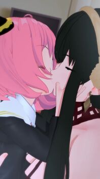 2girls 3d age_difference ahoge animated anya_(spy_x_family) black_dress black_hair closed_eyes diamond-shaped_earrings dress earrings eden_academy_school_uniform flower_hairband french_kiss gold_earrings gold_hairband hairband hand_on_another&#039;s_face inseki jewelry kiss loli long_hair medium_hair moaning mother_and_daughter multiple_girls onee-loli pink_hair sidelocks sound spy_x_family tagme video yor_briar yuri