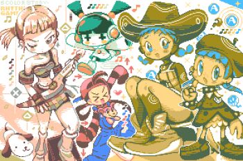Rule 34 | > <, + +, 5girls, :3, ?, animal, animal in clothes, armband, arrow (symbol), art study, beret, blunt bangs, blush stickers, boots, bracelet, braid, bust a move, christy frisby, closed mouth, collar, collared dress, columbo (bust a move), cool cool toon, cowboy boots, cowboy hat, dog, dot mouth, dot nose, dress, dual persona, earrings, fingerless gloves, freckles, frills, full body, gitaroo man, gloves, guitar, hat, headphones, heart, holding, holding guitar, holding instrument, instrument, jewelry, kirah (gitaroo man), knee boots, leg up, limited palette, long sleeves, low twin braids, low twintails, midriff, miniskirt, multiple girls, musical note, one eye closed, open mouth, outstretched arms, overalls, pixel art, pointing, pointing at self, puma (gitaroo man), rain (technictix), raised eyebrows, ripples, shirt, shorty (bust a move), side ponytail, single fingerless glove, skirt, smile, spica (cool cool toon), spiked bracelet, spiked collar, spikes, squatting, striped clothes, striped shirt, technictix, turtleneck, turtleneck dress, twin braids, twintails, very long sleeves