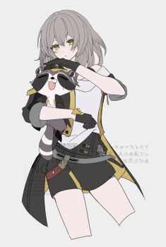 1girl absurdres animal baseball_cap black_coat black_gloves black_skirt clothed_animal coat commentary cropped_legs galactic_baseballer_(honkai:_star_rail) gloves grey_background grey_hair hat highres holding holding_animal honkai:_star_rail honkai_(series) long_hair looking_down merry-san miniskirt open_clothes open_coat raccoon shirt simple_background skirt solo stelle_(honkai:_star_rail) trailblazer_(honkai:_star_rail) two-sided_coat two-sided_fabric watermark white_shirt yellow_eyes