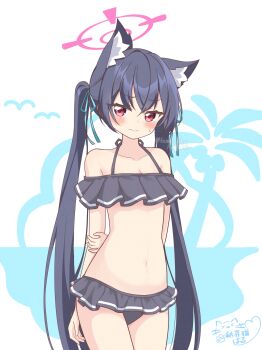 Rule 34 | 1girl, absurdres, animal ear fluff, animal ears, arms behind back, artist name, bare shoulders, bikini, black bikini, black hair, black skirt, blue archive, blue background, blue ribbon, blush, breasts, cat ears, cleavage, closed mouth, commentary, cowboy shot, doodle background, embarrassed, extra ears, frilled bikini, frilled skirt, frills, frown, furrowed brow, hair between eyes, hair intakes, hair ribbon, halo, hand on own arm, highres, legs together, long hair, looking at viewer, navel, off-shoulder bikini, off shoulder, official alternate costume, palm tree, pink halo, red eyes, ribbon, ruffle bikini, serika (blue archive), serika (swimsuit) (blue archive), sizuki haru, skirt, solo, standing, stomach, straight hair, sweatdrop, swimsuit, thighs, tree, tsurime, twintails, twitter username, very long hair, white background