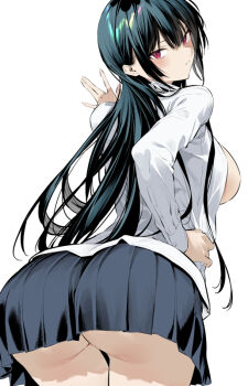 1girl ass black_hair black_skirt blush breasts commentary_request haite_kudasai_takamine-san hiiragi_yuuichi large_breasts leaning_forward long_hair long_sleeves looking_at_viewer looking_back parted_lips pleated_skirt red_eyes shirt simple_background skirt solo takamine_takane white_background white_shirt