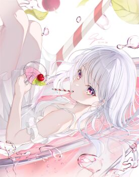 Rule 34 | 1girl, absurdres, breasts, character request, cherry, cleavage, cocktail, cocktail glass, commentary request, copyright request, cup, dated, dress, drinking glass, drinking straw, drinking straw in mouth, food, frilled dress, frills, fruit, gyeou lee, highres, holding, holding cup, korean commentary, long hair, long shirt, looking at viewer, looking to the side, looking up, pink eyes, signature, sleeveless, sleeveless dress, small breasts, solo, turning head, water, white background, white dress, white hair