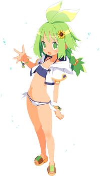 1girl armlet bikini bracelet braid braided_ponytail cropped_hoodie disgaea disgaea_rpg flat_chest flower full_body green_eyes green_hair hair_flower hair_ornament harada_takehito highres hood hood_down hoodie jewelry long_hair marona_(phantom_brave) navel non-web_source official_art open_clothes open_hoodie open_mouth phantom_brave photoshop_(medium) sandals short_sleeves solo standing swimsuit thighs toenails
