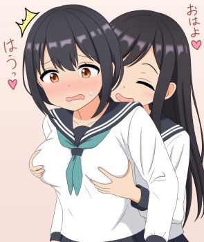 2girls aqua_neckerchief arms_at_sides black_hair black_sailor_collar blush breasts closed_mouth collarbone commentary_request double-parted_bangs grabbing_another&#039;s_breast grabbing_from_behind groping highres large_breasts long_hair long_sleeves multiple_girls neckerchief nose_blush open_mouth orange_eyes original parted_bangs pink_background raised_inner_eyebrows sailor_collar sailor_shirt school_uniform shirt simple_background smile sweat swept_bangs take_zenni_chikuzenni translation_request upper_body wavy_mouth white_shirt yuri