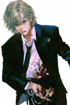1boy 637_00e_seran black_jacket black_necktie blood blood_on_clothes blood_on_hands collared_shirt hand_chains highres hunter_x_hunter jacket kurapika male_focus necktie shirt short_hair simple_background solo suit_jacket white_background white_shirt