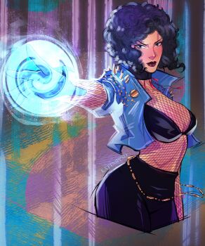 1girl absolute_dc absolute_wonder_woman absurdres artist_name black_bra black_hair black_pants blue_eyes blue_jacket bra breasts curly_hair dc_comics fishnet_top fishnets gloves highres jacket kattnippxo large_breasts looking_at_viewer magic navel pants red_lips short_hair solo spiked_jacket underwear zatanna_zatara